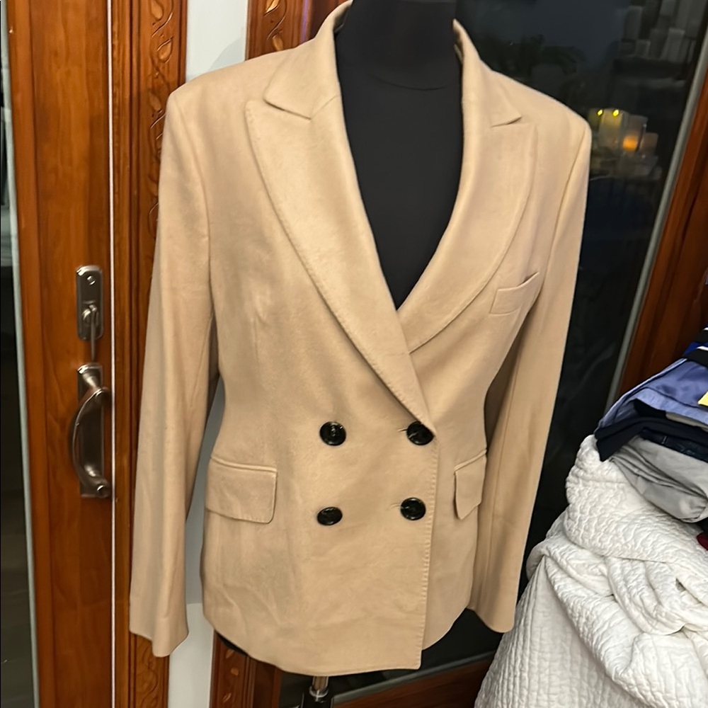 Authentic Burberry London Cashmere Wool Tan Double Breasted Blazer Jacket sz 14